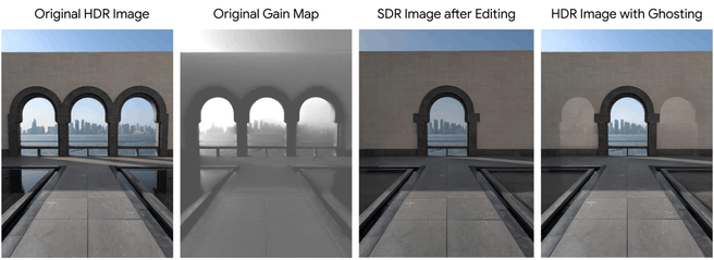 Van links naar rechts: een hdr-foto, de gain map, de sdr-foto nadat er twee ramen zijn verwijderd met de Magic Editor en de hdr-rendering met zichtbare 'ghosting' in het gebied waar de ramen zaten. 