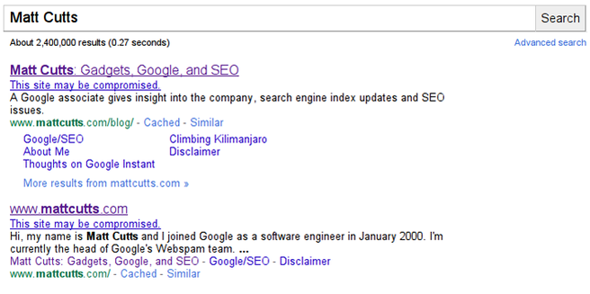 Google site-hack-notificatie