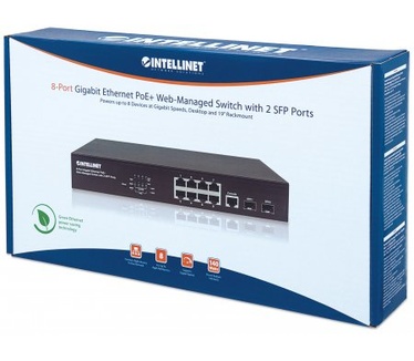 Intellinet 8-Port Gigabit Ethernet PoE+ Web-Managed Switch with 2 SFP Ports, IEEE 802.3at/af Power over Ethernet (PoE+/PoE) Compliant, 140 W, Endspan, Desktop, 19" Rackmount (Euro 2-pin plug)