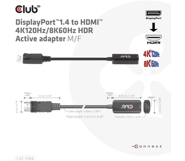 Club 3D DisplayPort1.4 to HDMI 4K120Hz/8K60Hz HDR Active adapter M/F