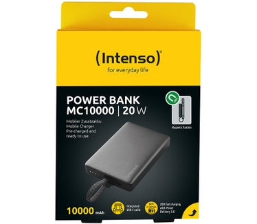 Intenso Powerbank MC10000 met geïntegreerde USB-C kabel en magnetische achterkant, 10.000 mAh, 20 Watt