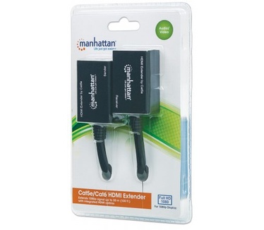 Manhattan 1080p HDMI over Ethernet Extender with Integrated Cables, Distances up to 30m with Two Ethernet Cables, Black (Euro 2-pin plug)