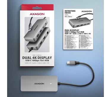 Axagon HUB USB HMC-CUB83X2, USB 10Gbps hub, 2x USB-A, USB-C, HDMI & DP 4k/144Hz, RJ-45 GLAN, PD 100W, kabel USB-C 15cm