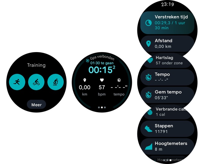 De datavelden van de Fitbit app tijdens 'hardlopen' op de Pixel Watch