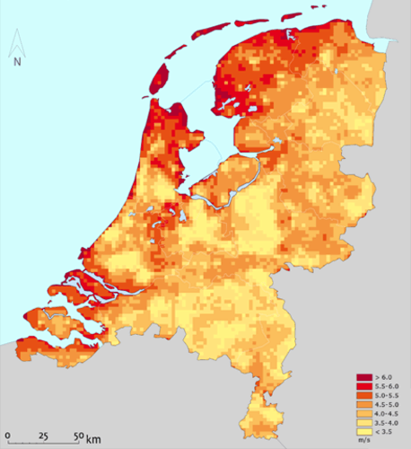 De windsnelheid in meters per seconde
