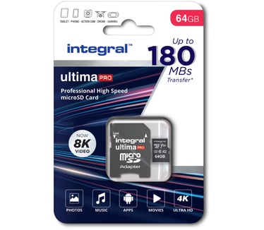 Integral INMSDX64G-180V30 64GB MICRO SD CARD MICROSDXC UHS-1 U3 CL10 V30 A2 UP TO 180MBS READ 80MBS WRITE