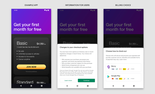 Google: interface apps bij gebruik alternatieve betaalmethode (Zuid-Korea, december 2021)