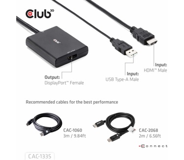 Club 3D HDMI + Micro USB to DisplayPort™ 4K120Hz or 8K30Hz M/F Active Adapter