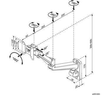 Roline LCD Monitorarm, Wandmontage, gas spring, pivot
