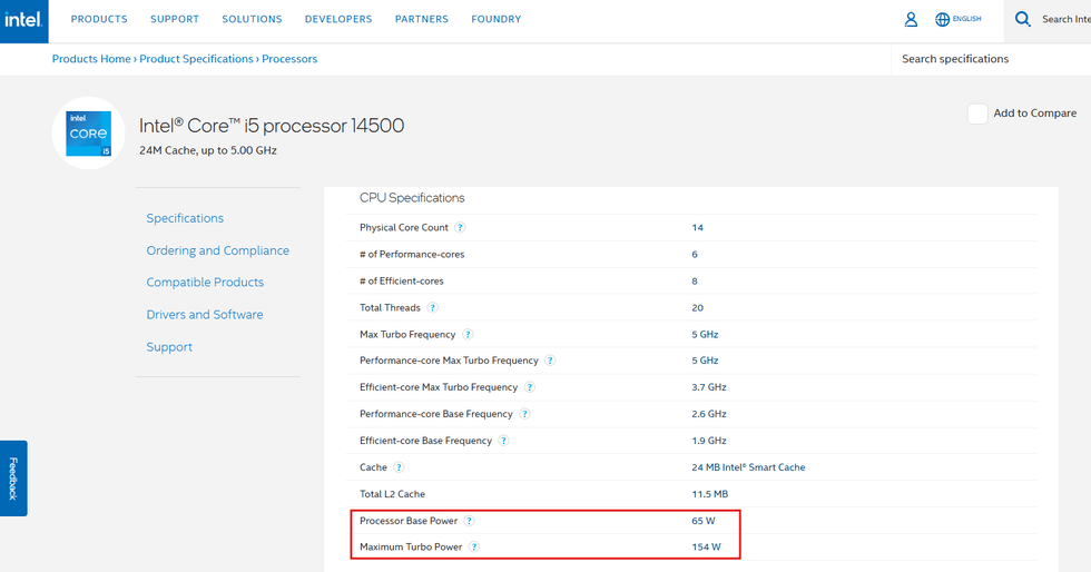 In de Intel Ark-specificatiedatabase staan de bpb (PL1) en mtp (PL2), maar de Tau- en IccMax-waardes zijn daar niet te vinden.