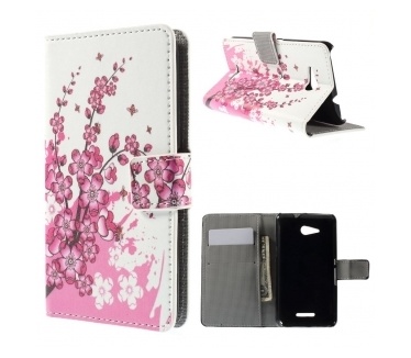 qMust Sony Xperia E4g wallet case - hoesje met stand - Pink Blossom