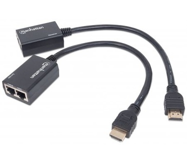Manhattan 1080p HDMI over Ethernet Extender with Integrated Cables, Distances up to 30m with Two Ethernet Cables, Black (Euro 2-pin plug)