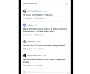 De nieuwe weergave van zoekresultaten van de mobiele webbrowser van Reddit
