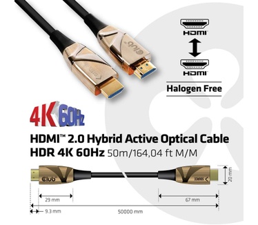 Club 3D HDMI 2.0 UHD Active Optical Kabel HDR 4K 60Hz M/M 50 meter (CAC-1391) Brons, Zwart