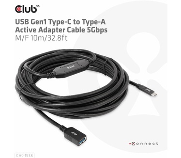 Club 3D USB Gen1 Type-C to Type-A Active Adapter Cable 5Gbps M/F 10m/32.8ft
