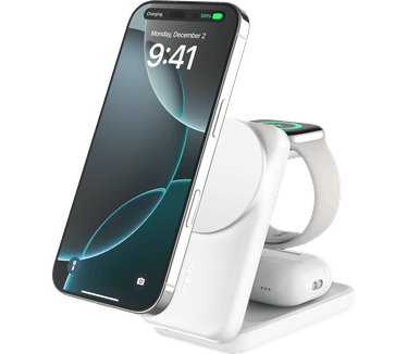Belkin UltraCharge 3-in-1 magnetische uitklapbare draadloze lader met Qi2 25 W, vierkant model, Wit