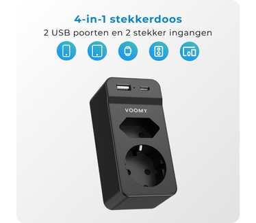 Voomy Verdeelstekker - 1 USB-C & 1 USB-A Poort - 2 stopcontacten - 4000W - Zwart