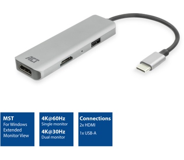 ACT USB-C 4K multiport adapter for 2 HDMI monitors, USB-A data port