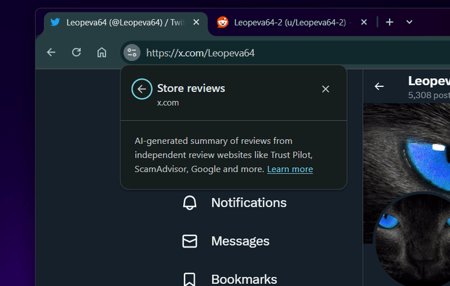 Store Reviews-functie in testversie Google Chrome. Bron: X-gebruiker Leopeva64