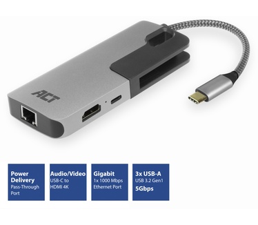 ACT AC7042 USB-C 4K Multiport Dock met HDMI, 3x USB-A, Gigabit Ethernet en USB-C PD pass-through