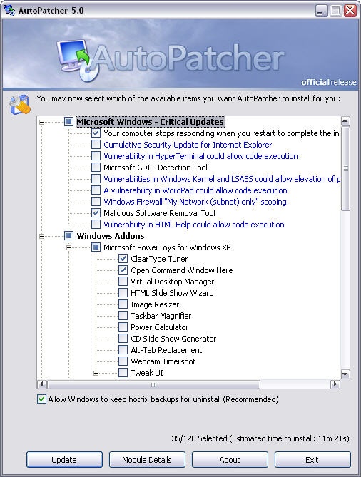 AutoPatcher XP Kenmerken Tweakers
