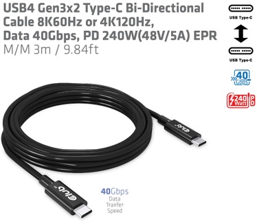 Club 3D USB4 Gen3x2 Type-C Bi-Directional Cable 8K60Hz or 4K120Hz, Data 40Gbps, PD 240W(48V/5A) EPR M/M 3m / 9.84ft