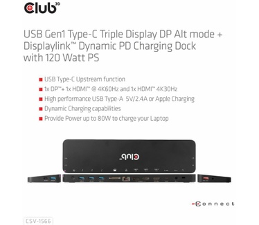 Club 3D CLUB3D USB Gen1 Type-C Triple Display DP Alt Mode Displaylink Dynamic PD Charging Dock Met 120 Watt PS *Geschikt Voor Zwaardere Laptop .....