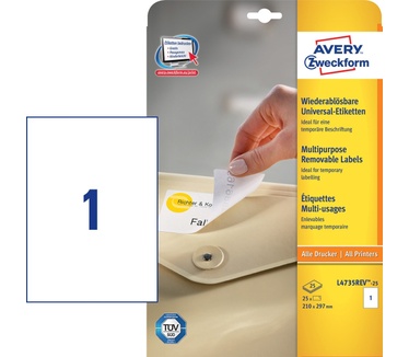 Avery Afneembare Etiketten, wit, 210,0 x 297,0 mm, afneembaar