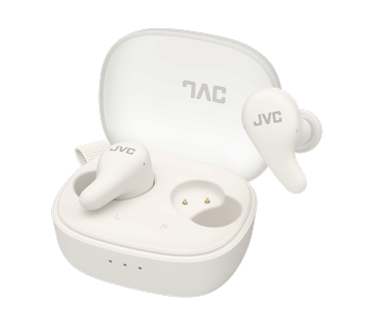 JVC HA-A23T-W True Wireless Gumy Premium hoofdtelefoon met ruisonderdrukking, Bluetooth 5.4, omgevingsgeluidsmodus, 26 uur batterijduur en doorschijnend oplaadetui, USB-C, wit (Zwart)