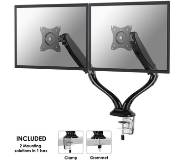 Newstar Full Motion Dual Desk Mount (clamp & grommet) for two 10-27" Monitor Screens, Height Adjustable (gas spring) - Black