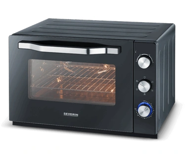 Severin XXL bak- en toaststoffen met circulatiefunctie, oven met grillrooster, bakplaat, draaispit en pizzasteen, veelzijdige heteluchtoven met 60 liter capaciteit, 2.200 W, zwart, TO2073
