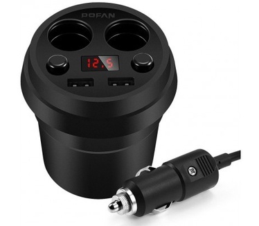 qMust Bekerhouder Autolader - 2 USB + 2 Car Socket poorten - 3.1A - Black