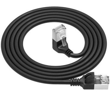 ACT Zwarte 0,25 meter U/FTP CAT6A LSZH Slimline patchkabel met RJ45 connectoren recht naar 90° haaks rechts