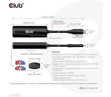 Club 3D USB Gen2 Type-C to HDMI™ 8K60Hz or 4K120Hz HDR10+ with DSC1.2 with Power Delivery 3.0 Active Adapter M/F