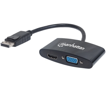 Manhattan DisplayPort to HDMI and VGA Adapter Cable (16cm), 2-in-1, Male to Female, HDMI 4K@30Hz, VGA 1080p (1920x1200p), Passive, Black, Blister Zwart