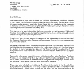 Brief van EU-instanties aan Facebook