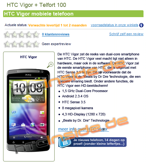 HTC Vigor op site Nederlandse retailer