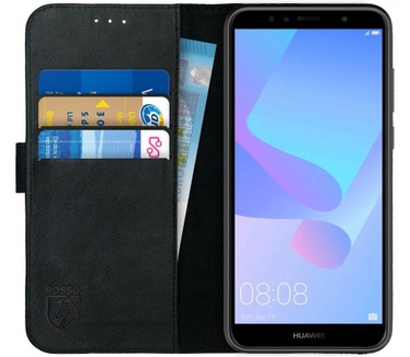 Rosso Deluxe Huawei Y6 2018 Hoesje Echt Leer Book Case Zwart (Y6 2018) Zwart
