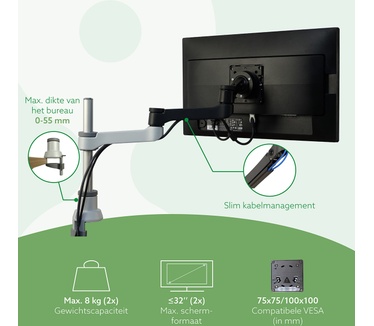 R-Go Tools Dubbele monitorarm (Zepher), Zonder Gasveer