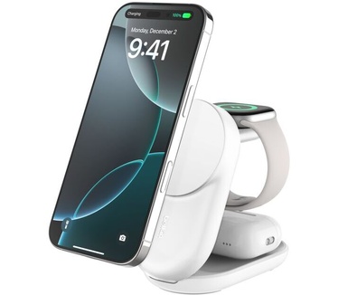Belkin UltraCharge 3-in-1 magnetische uitklapbare draadloze lader met Qi2 25 W, rond model, Wit