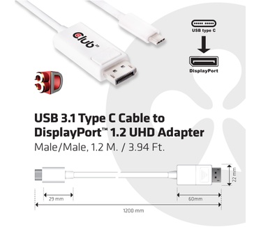 Club 3D USB 3.1 Type C to DisplayPort 1.2 Kabel UHD Adapter M/M 1.2 meter Wit