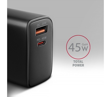 Axagon ACU-PQ45 QC 3.0, 4.0/AFC/FCP/PPS/PD, 45W, schwarz - Netzladegerät mit USB-A und USB-C Schnittstelle