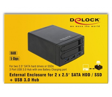 Delock External Enclosure for 2 x 2.5″ SATA HDD / SSD with RAID + 3 Port USB 3.0 Hub Zwart