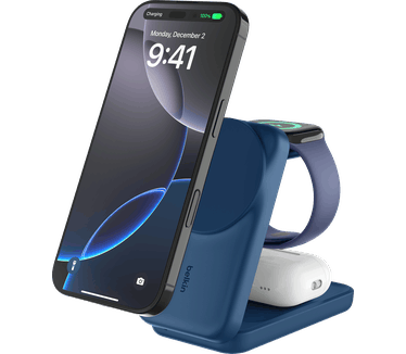 Belkin UltraCharge 3-in-1 magnetische uitklapbare draadloze lader met Qi2 25 W, vierkant model, Blauw