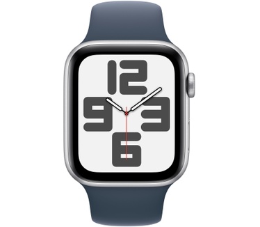 Apple Watch SE (2023), 44mm, GPS, Sportbandje M/L, Zilver (Blauw)