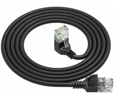 ACT Zwarte 3 meter U/UTP CAT6A LSZH slimline patchkabel met RJ45 connectoren, recht naar 90° haaks beneden