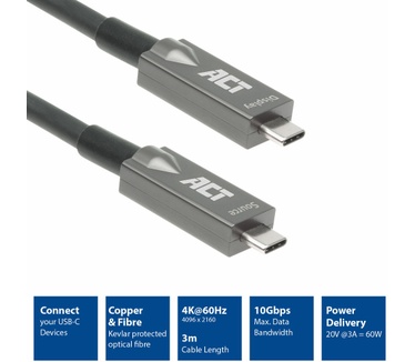 ACT USB-C 3.2 Gen2 ive Optical Cable (AOC) aansluitkabel, 3m Grijs, Zwart