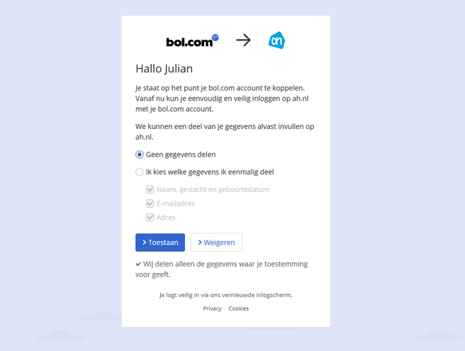 Inloggen met bol.com bij AH