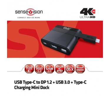Club 3D Mini Docking USB C to Displayport1.2 + USB 3.0 + USB C for Charging