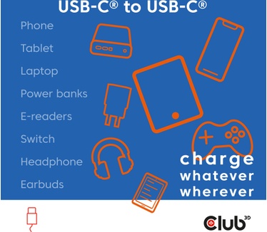 Club 3D USB-C® Magnetic-Coil 240W PD3.1 Blue Cable 2m / 6.56ft Fast Charging